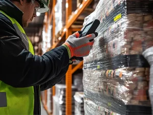 LLDPE film attached to the goods is counted by a warehouse worker using a handheld scanner.