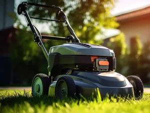 Lawn mower with PP shell on green lawn in garden under sunlight