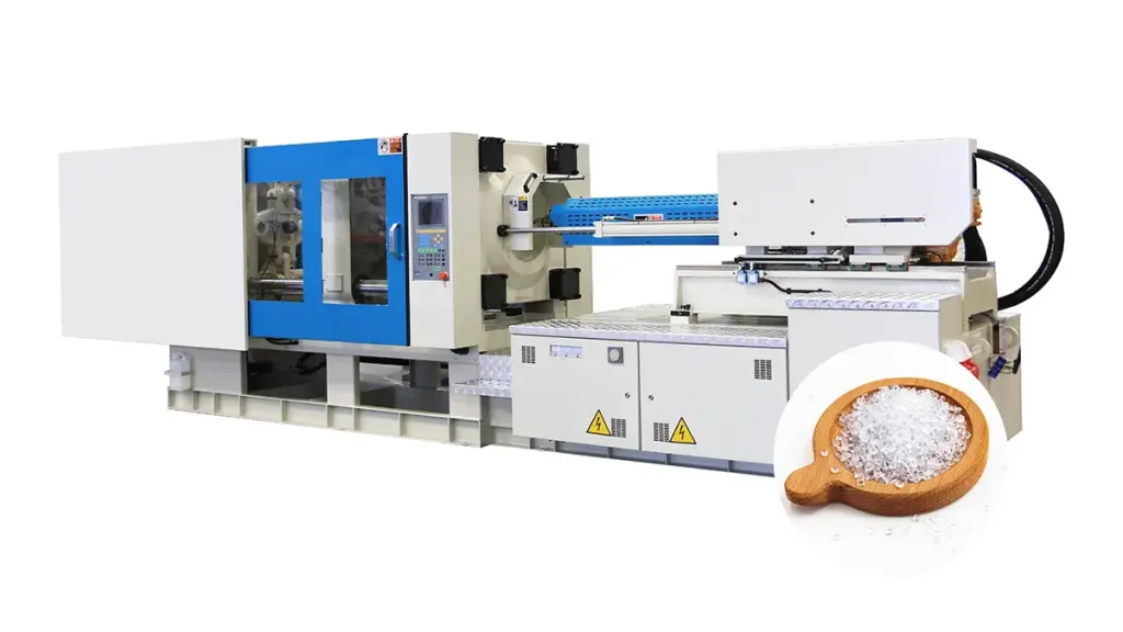 Industrial injection molding machine with a wooden bowl containing PC plastic pellets next to it.
