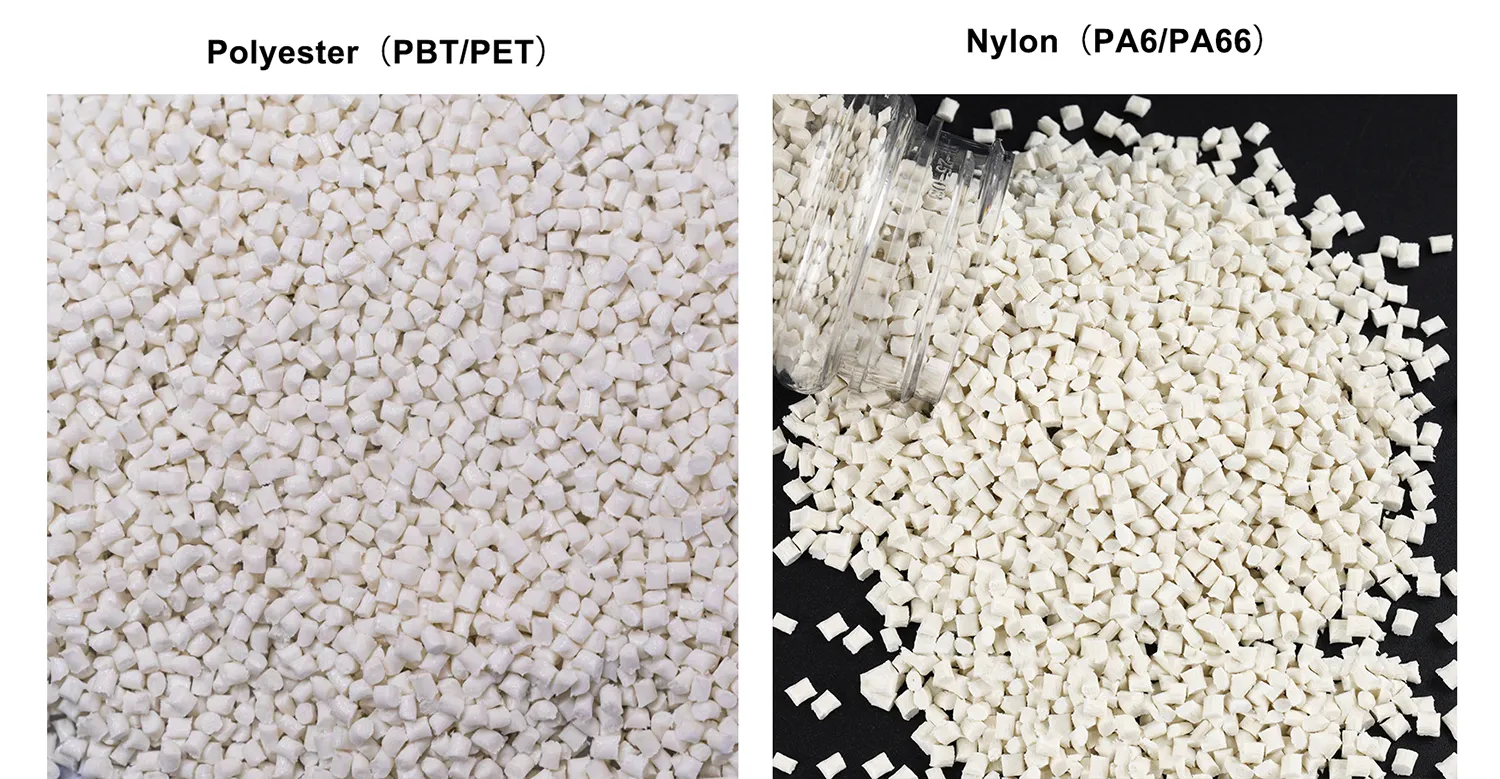 Side-by-side comparison of white Polyester PBT PET resin pellets and off-white Nylon PA6 PA66 engineering plastic pellets.