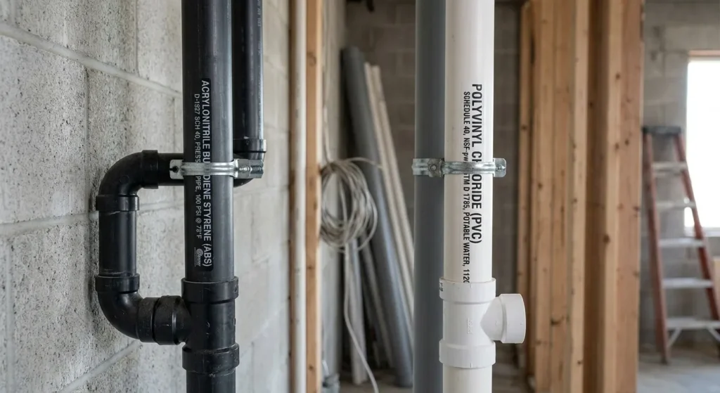 ABS plastic pipe vs pvc piping system installed in a industrial wall background