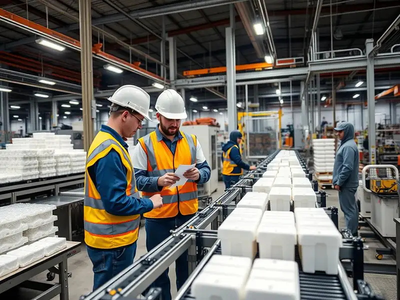 Manufacturing facility with workers examining polypropylene products on production line