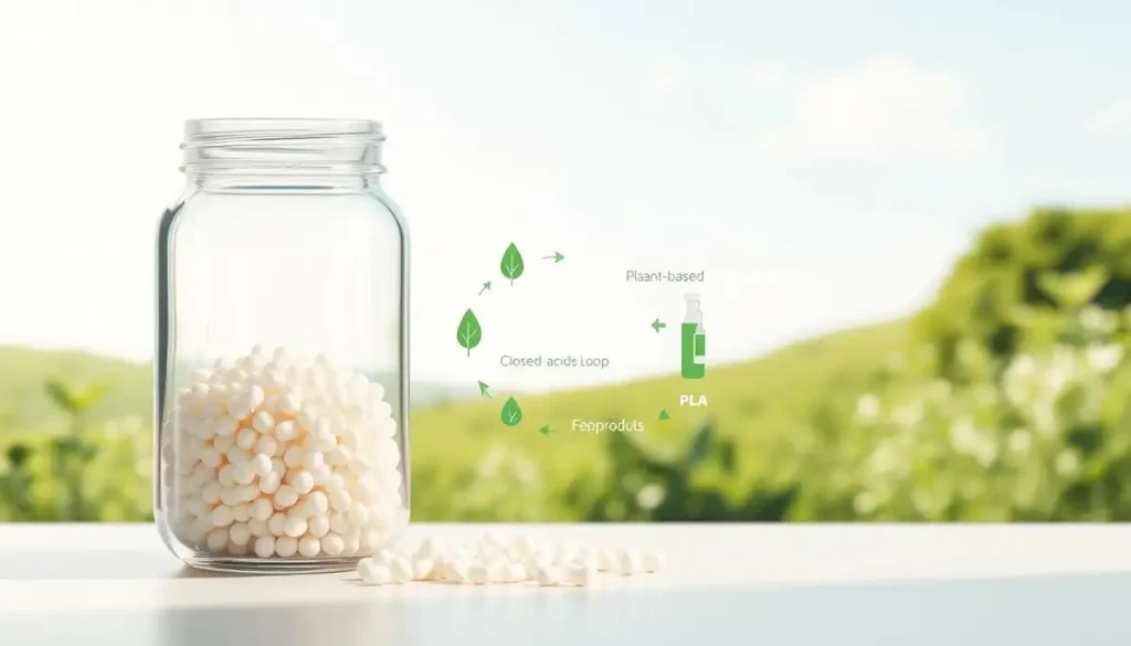 Clear glass jar with white PLA pellets, green circular arrows showing “Plant - based → PLA → Reproducts → Closed - cycle Loop”