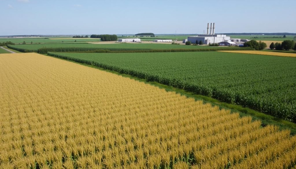 Agricultural land used for PLA production showing corn fields with industrial facility in background