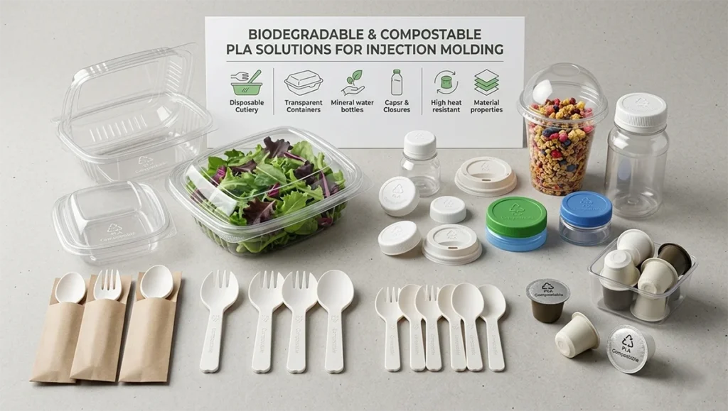 Collection of various biodegradable polylactic acid products including polylactic acid cups, pla cutlery, food containers, bottles, and closures on a display table.