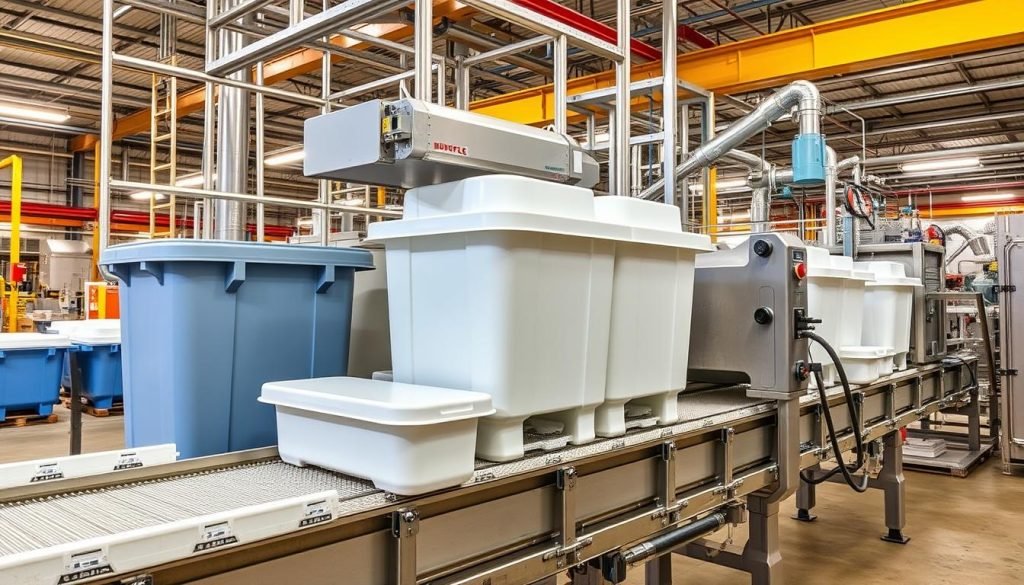Industrial HDPE food packaging applications including bulk containers and processing equipment