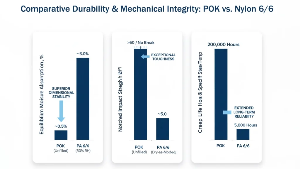 Bar Chart Comparing Moisture Absorption, Notched Impact Strength, and Creep Life of POK vs. PA 6/6