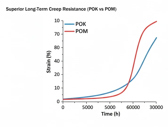 The results show that POK exhibits superior long-term creep resistance compared to POM, with strain acceleration occurring later in POK.