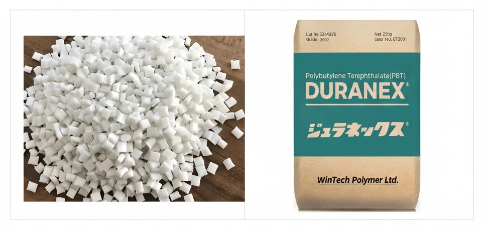 Duranex 2002 PBT resin granules, next to a 25 kg bag.