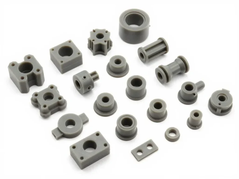 Duranex® 2002 precision-molded parts for industrial applications, displayed on a white background.