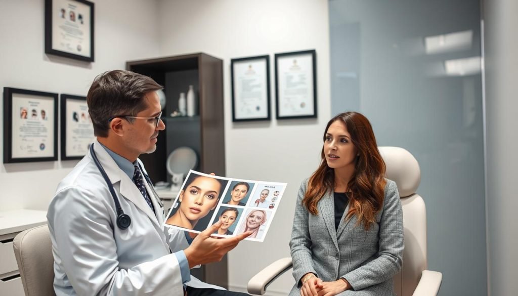 Medical professional consulting with patient about PLLA (Poly-L-lactic acid) treatment options