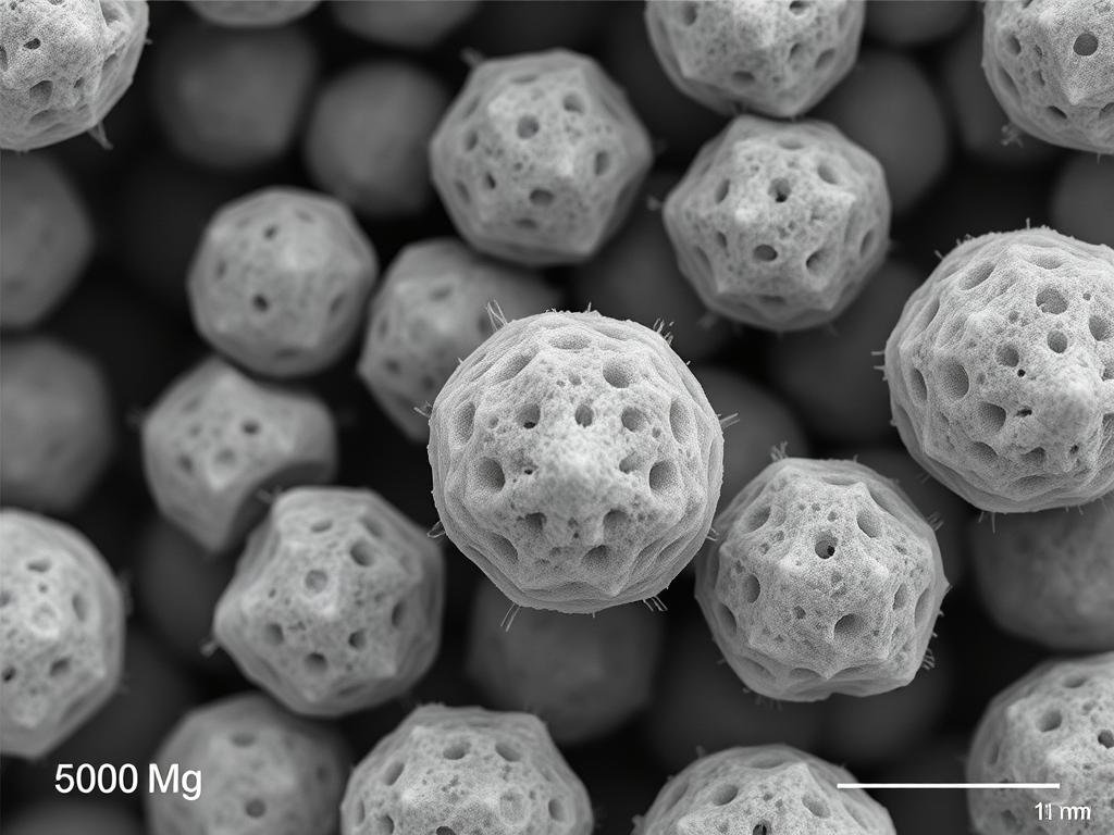 PLLA (Poly-L-lactic acid) microspheres under scanning electron microscope showing surface morphology