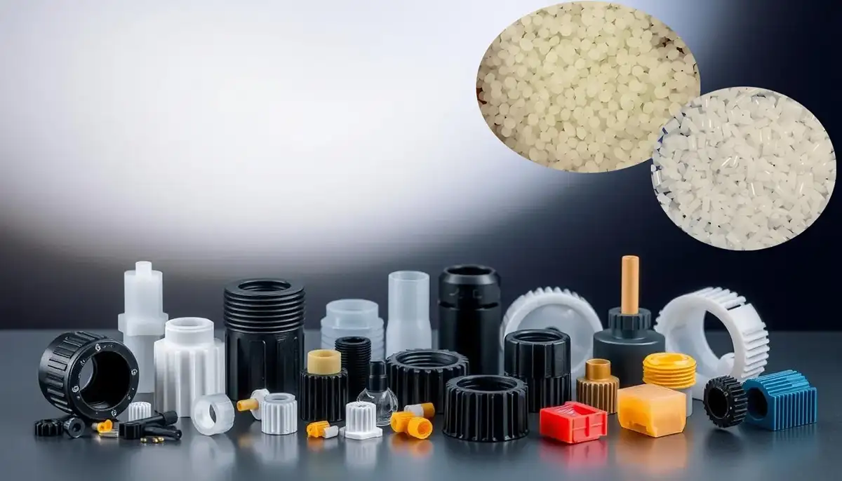 POM M25 granules and typical injection-molded components: gears, clips, conveyor links, bushings, and threaded joints.