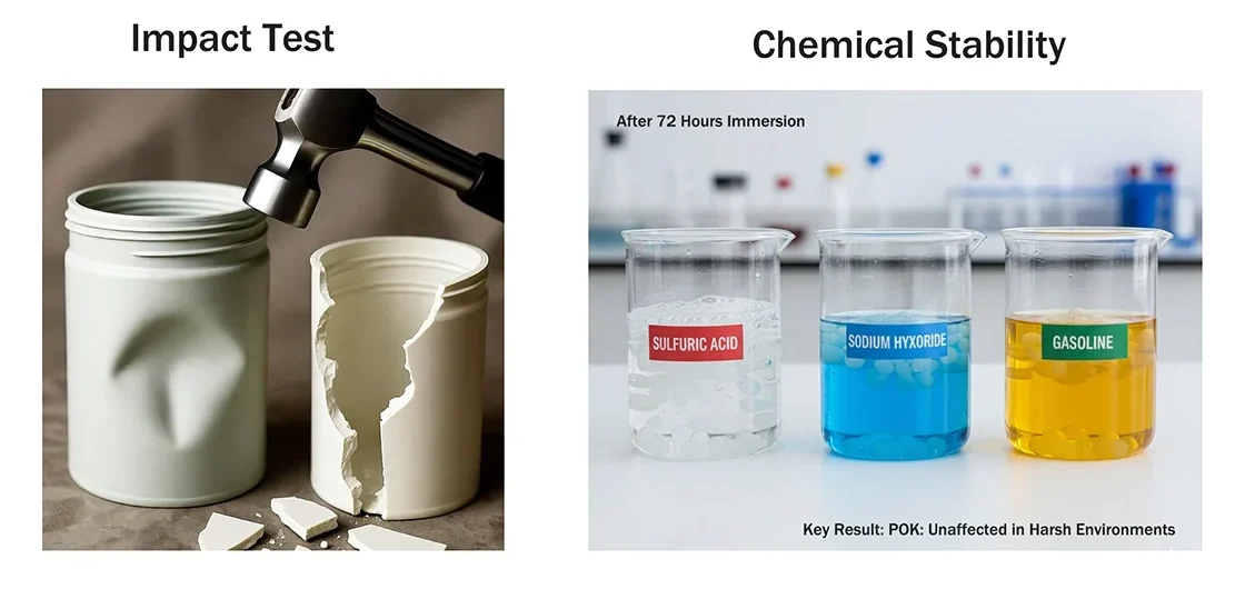 The left side shows the impact resistance test of polyketone (POK) (intact and broken containers), and the right side shows the chemical stability test of POK.
