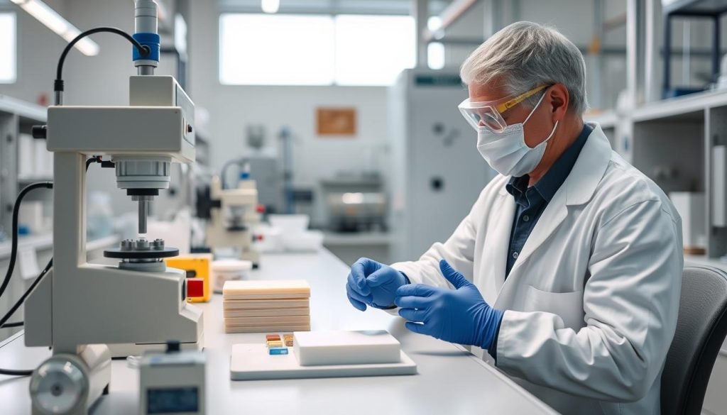 Quality control testing of POM M25 material with technical equipment