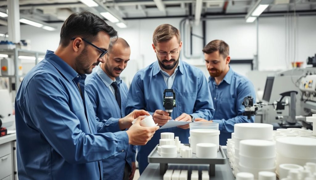 Technical support team analyzing POM M90 applications in laboratory setting