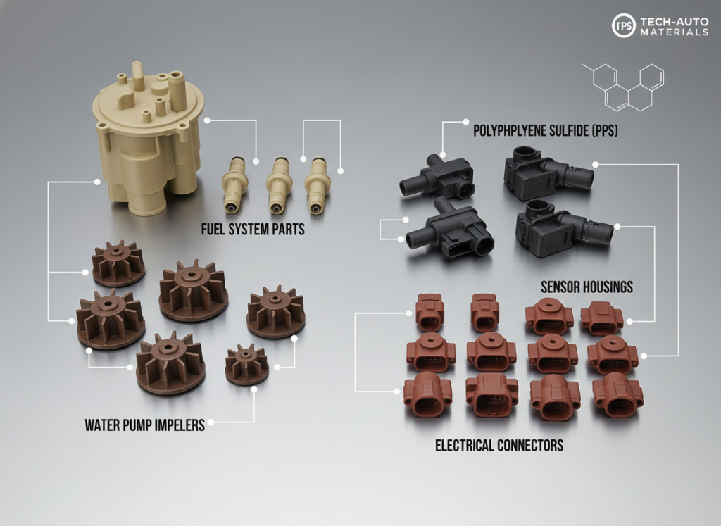 Automotive components made from Polyphenylene Sulfide (PPS) showing under-hood applications
