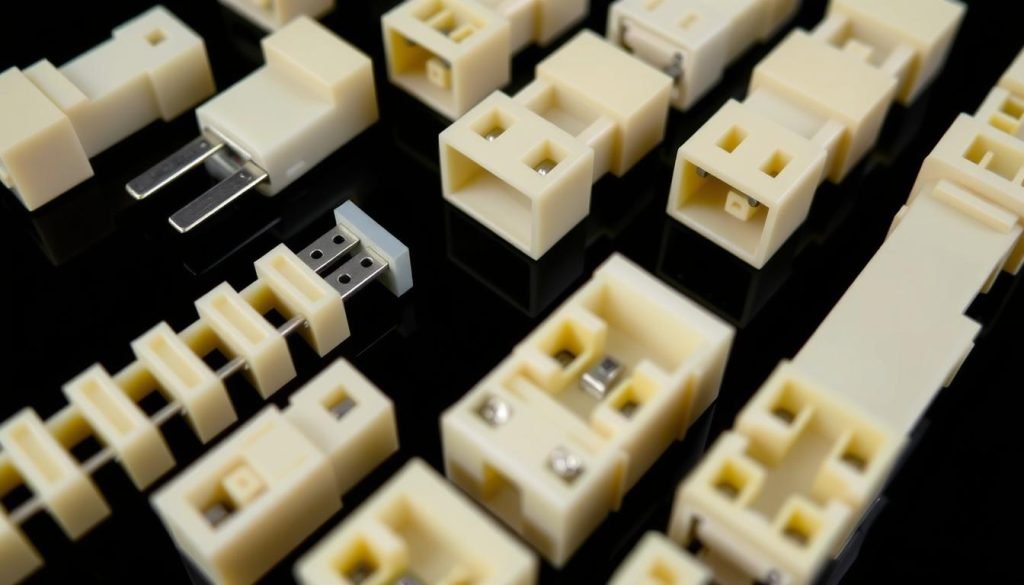 Automotive electrical connectors made from Duranex 3300 PBT showing high precision molding