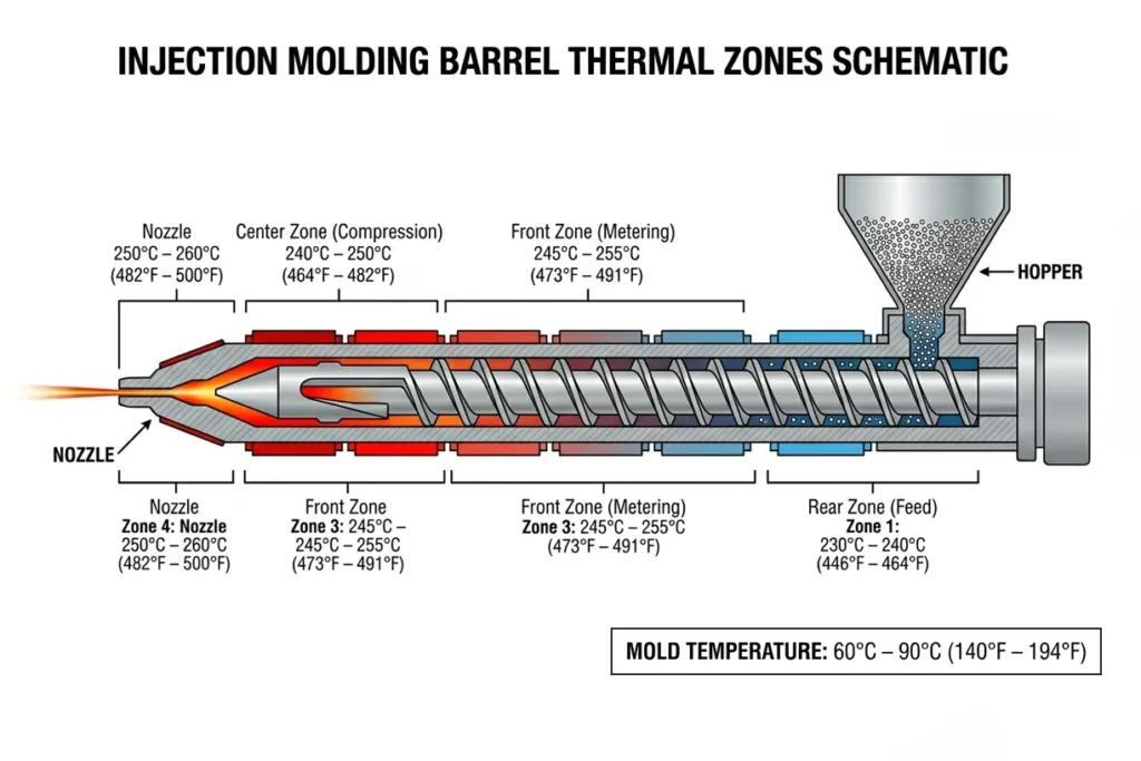 Cross-Section Diagram of Injection Molding Screw and Temperature Profile