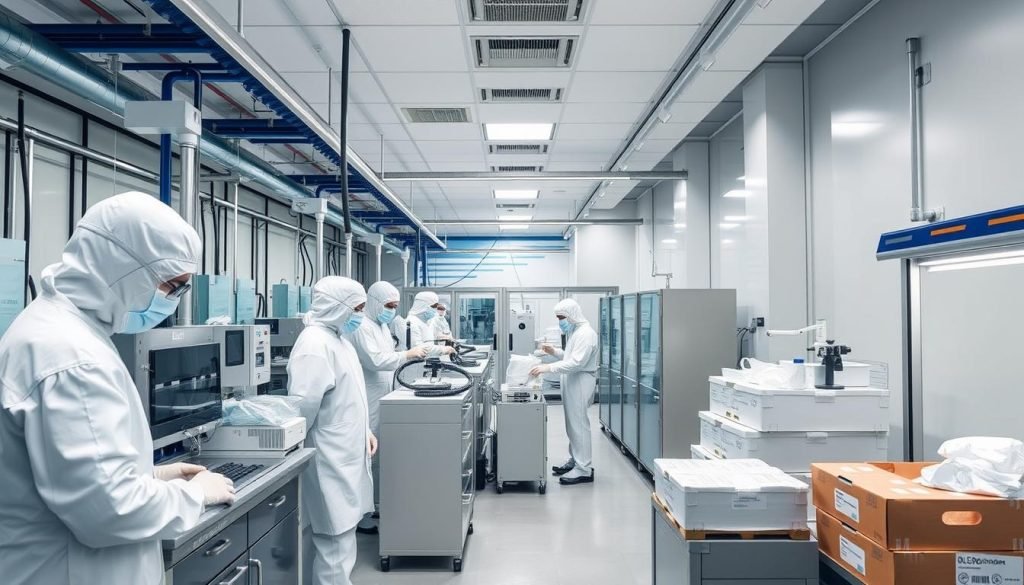 Medical-grade PLA supply chain showing manufacturing facility with quality control checkpoints