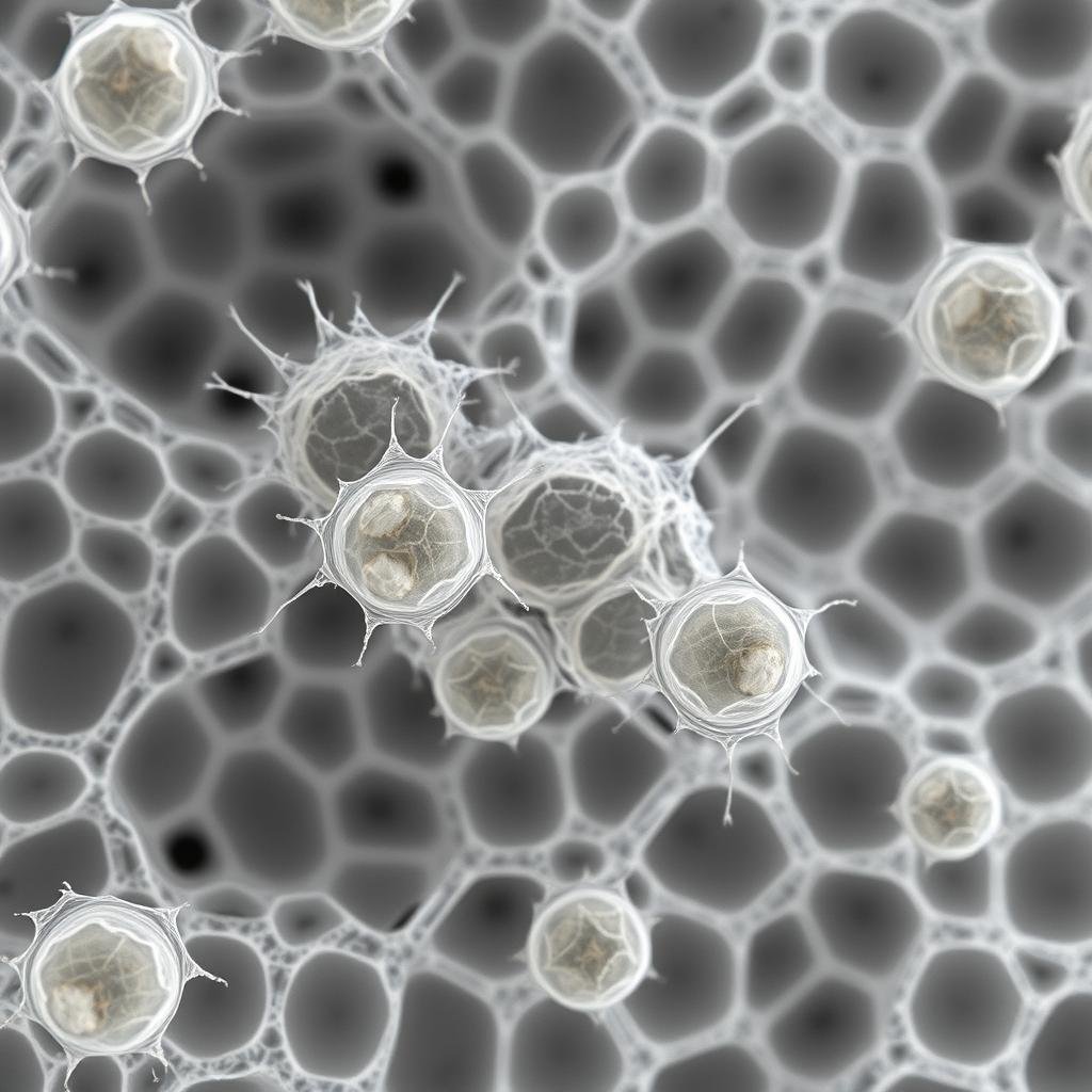 Microscopic view of cells growing on Medical Grade PHA scaffold for tissue engineering