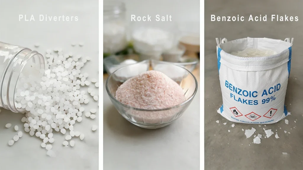 Comparison of Diverter Materials: PLA Pellets, Rock Salt, and Benzoic Acid Flakes
