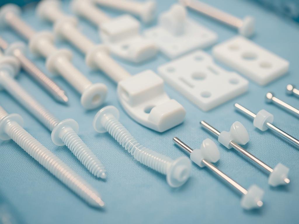 Orthopedic implants made from medical-grade PLA showing screws, plates, and pins