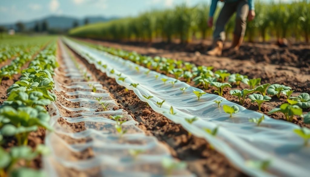 PHA agricultural mulch film being applied in a field, showing its practical application in sustainable farming