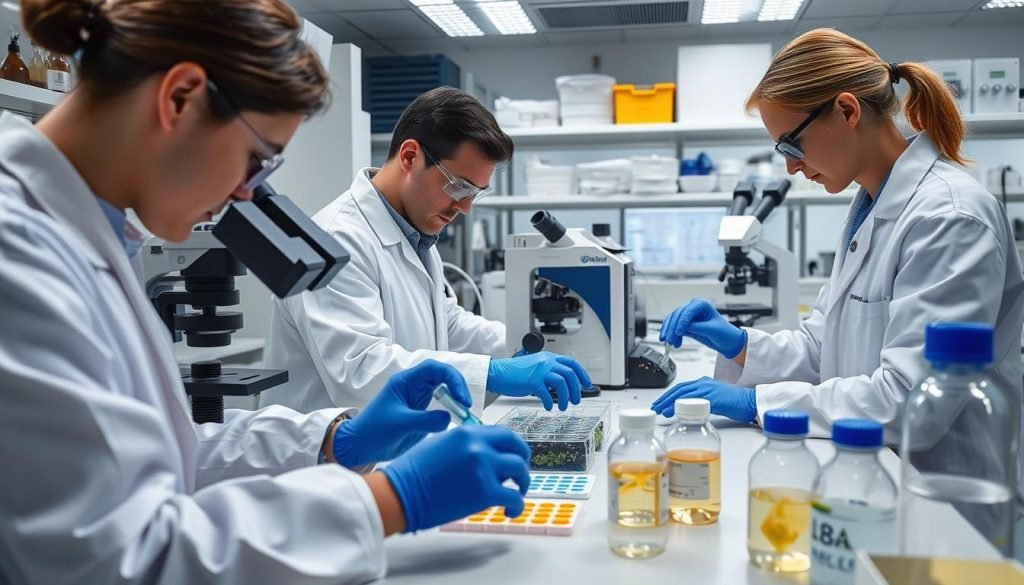 Scientists conducting research on PHA marine biodegradation in laboratory setting