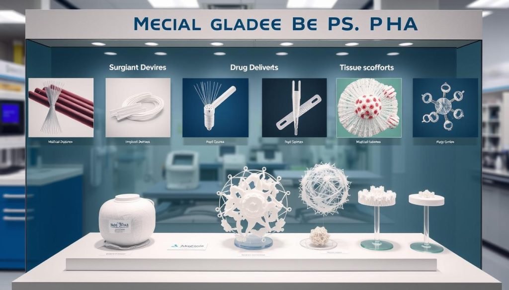 Various medical applications of Medical Grade PHA including sutures, implants, and drug delivery systems