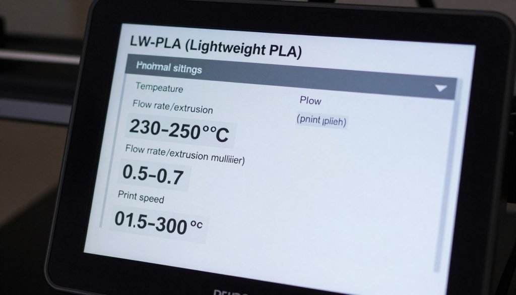 3D printer settings screen showing optimal parameters for LW-PLA (Lightweight PLA)