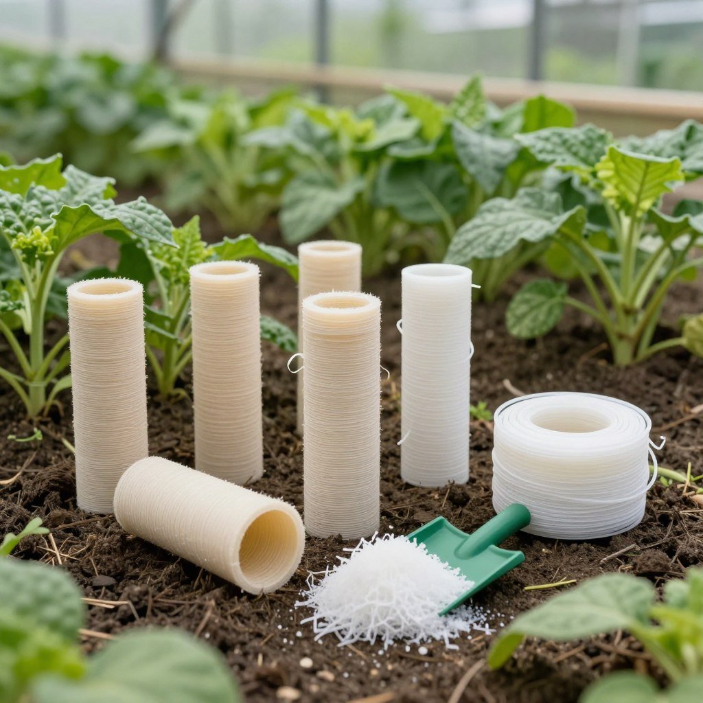 Agricultural applications of PHA filament showing biodegradable plant supports and tools