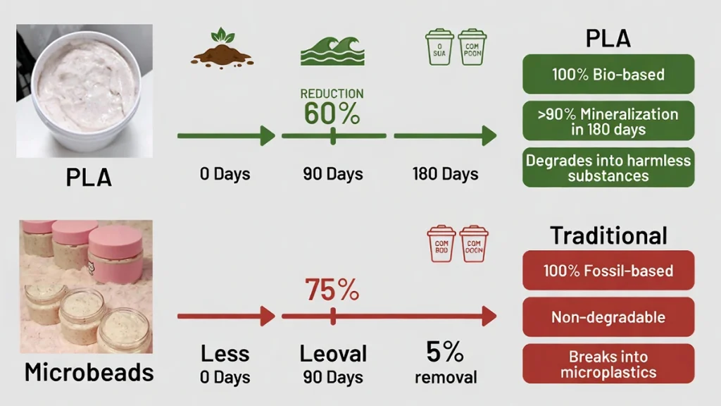 This split infographic contrasts the environmental impact of cosmetic-grade PLA (polylactic acid) microbeads with traditional polyethylene/polypropylene (PE/PP) microbeads used in exfoliating products.