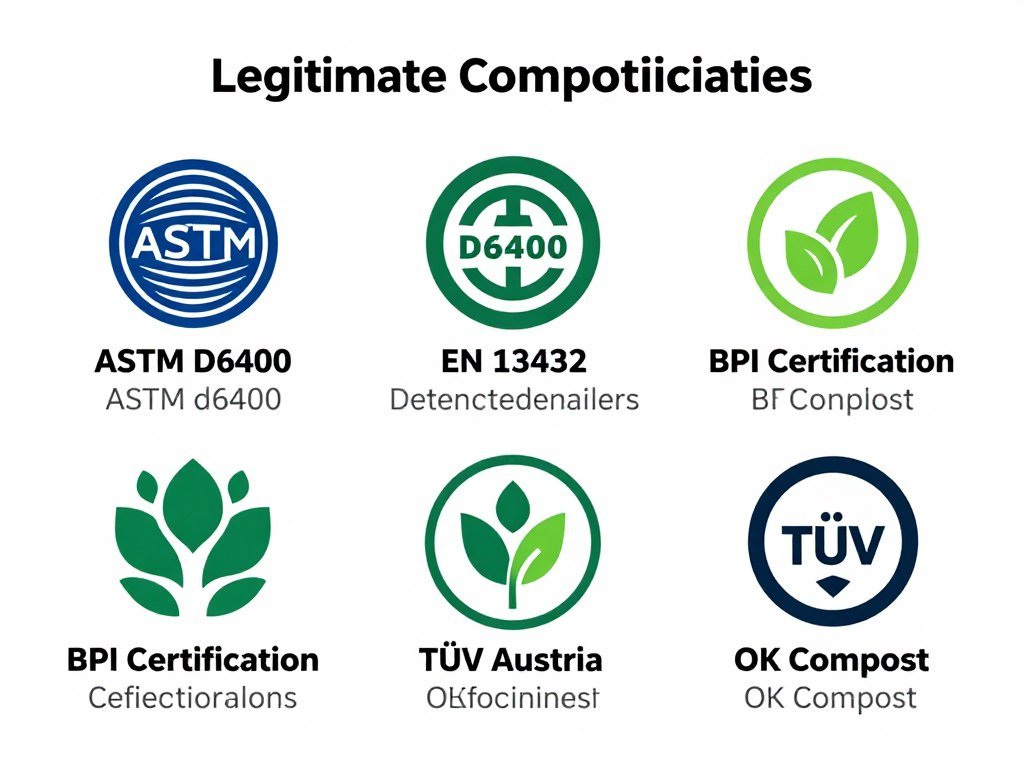 Certification logos for compostable PLA products showing legitimate environmental claims