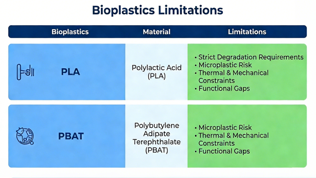 This article describes the functional limitations, microplastic risks, and specific degradation requirements of polylactic acid (PLA) and poly(butylene adipate-co-terephthalate) (PBAT) bioplastics.