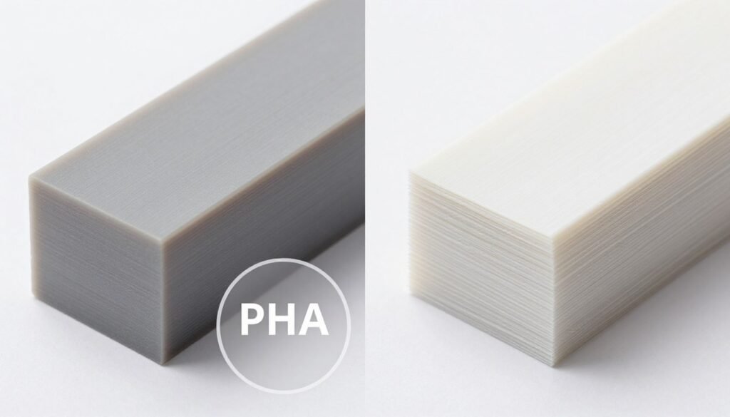 Comparison of PHA and PLA prints showing PHA's superior layer adhesion and surface finish