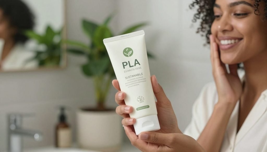 Consumer using sustainable PLA-based exfoliating product with eco-friendly packaging