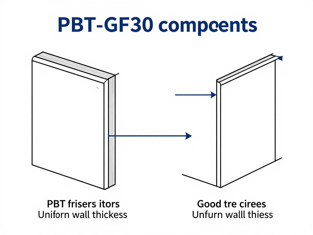 Design considerations for PBT-GF30 components showing proper and improper design examples