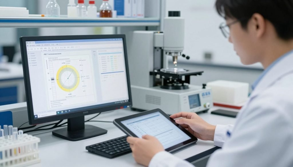 Engineer analyzing PBT resin grades performance data in laboratory