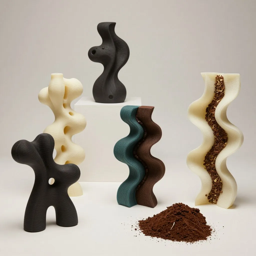 PHA 3D printed products incorporating biomass waste like coffee grounds, showcasing sustainability and aesthetic appeal.