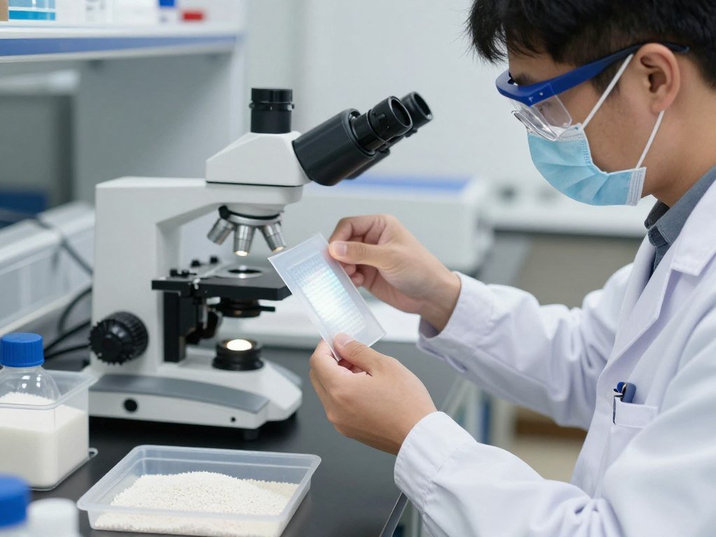 Laboratory technician examining starch-based plastic film samples for medical packaging