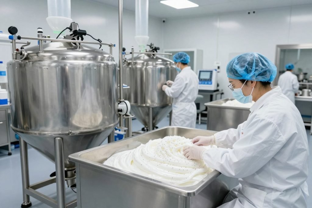 Manufacturing process of PLA-based exfoliating scrubs showing industrial equipment