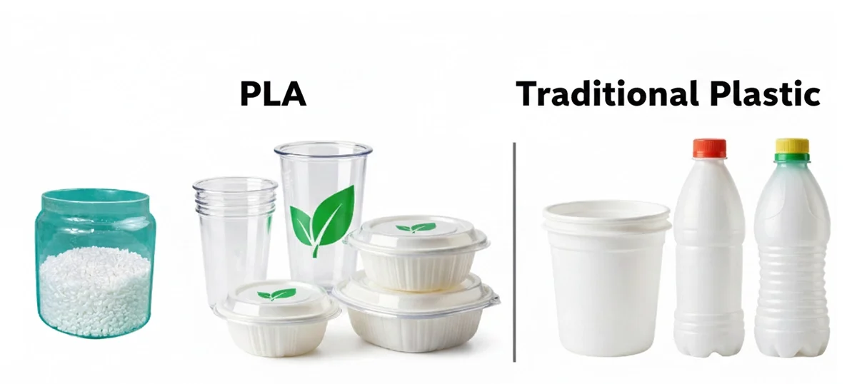 Left side shows PLA raw material and PLA disposable tableware, while the right side shows traditional plastic products.