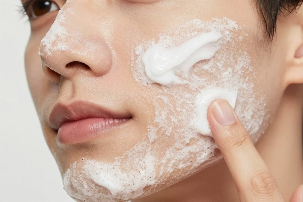 Person applying PLA-based exfoliating scrub to face showing gentle application