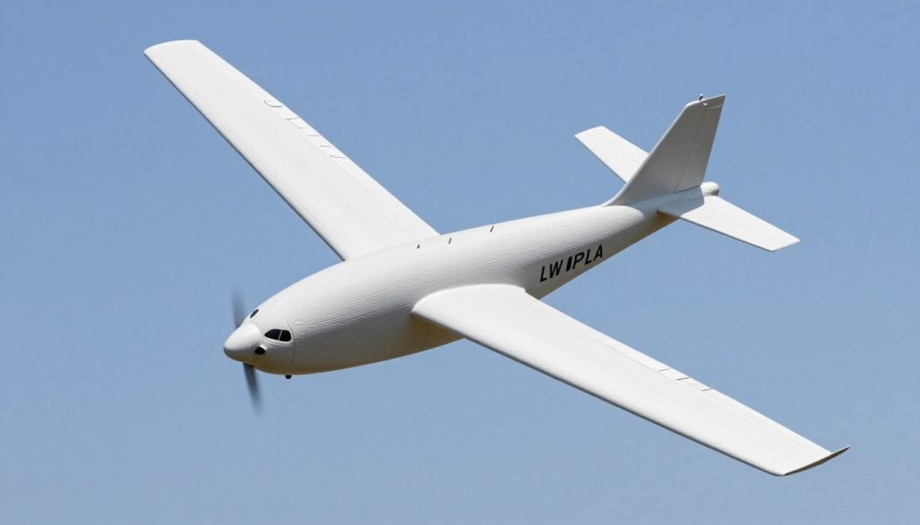 RC airplane model printed with LW-PLA (Lightweight PLA) in flight, demonstrating practical application