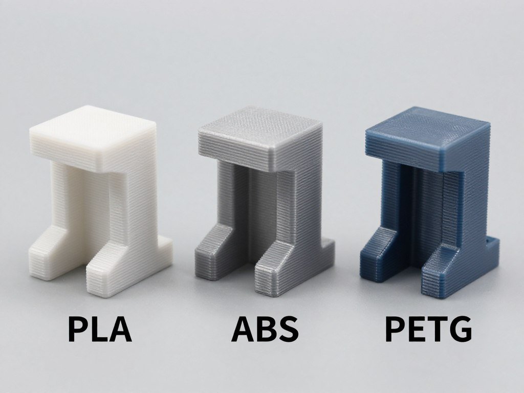 Side-by-side comparison of PLA, ABS, and PETG printed test objects showing different material properties for 2026 PLA Filament Cost Comparison