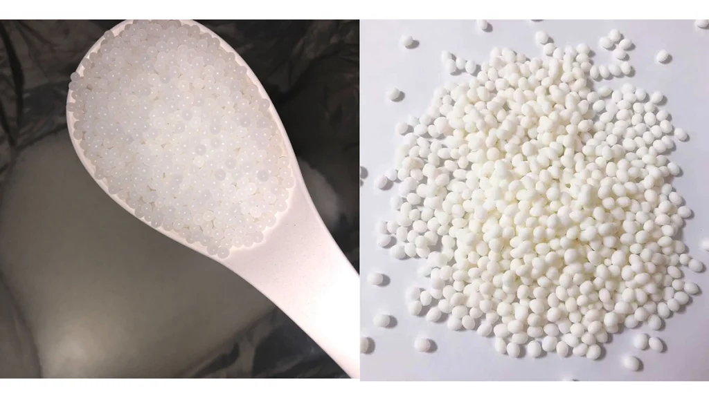Side-by-side comparison of raw PLA resin pellets (left) and processed lightweight LW-PLA masterbatch granules (right)