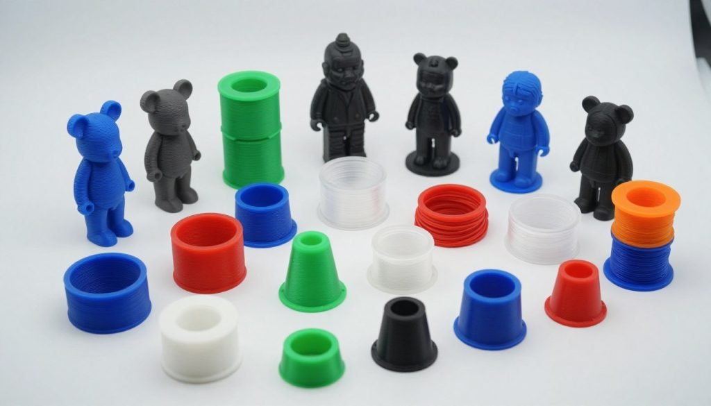 Various 3D printed objects made with different filament types showcasing the 2026 PLA Filament Cost Comparison results