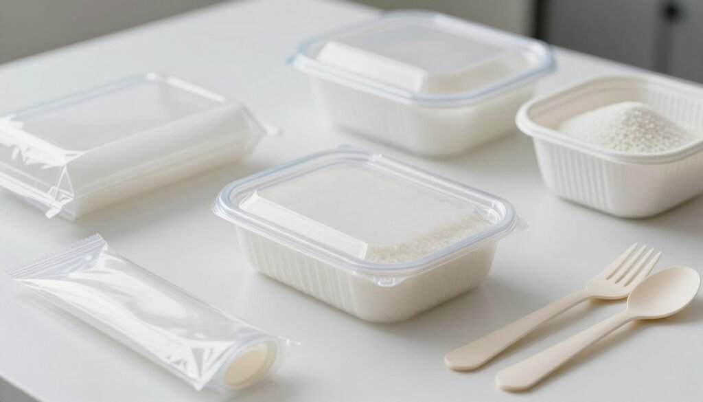 Various starch-based biodegradable plastic products including packaging, cutlery and containers