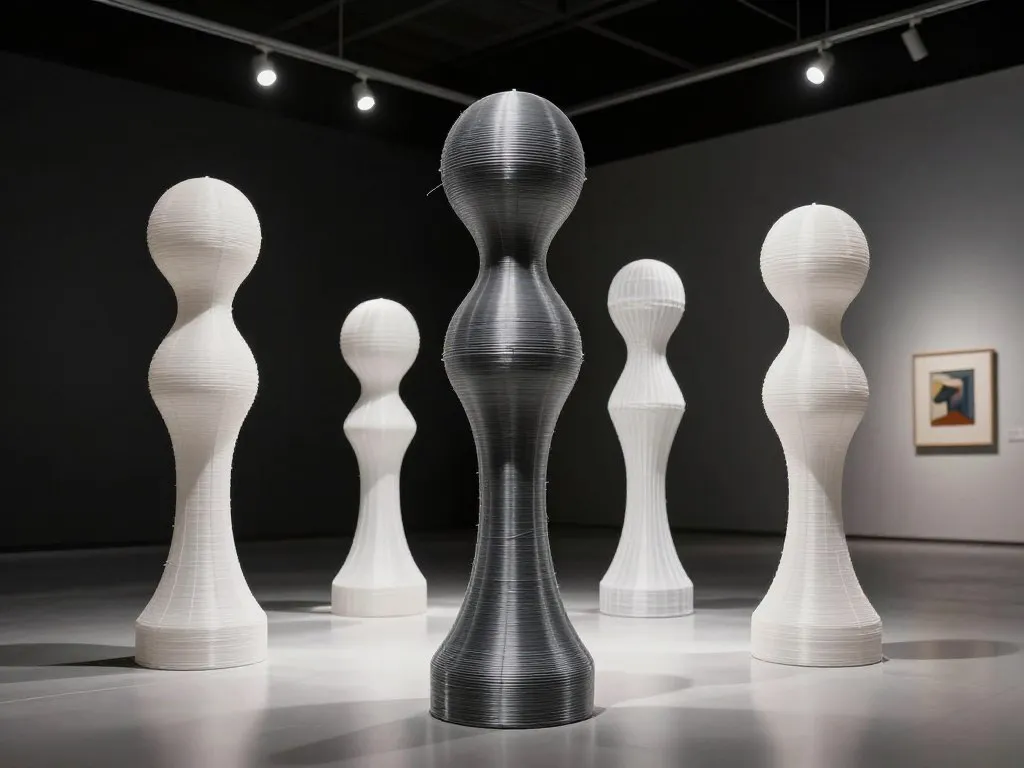 3D printed art sculptures and creative objects made from sustainable PHA biopolymer displayed